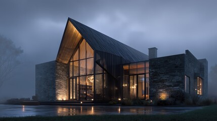 Fototapeta premium Modern House Exterior At Night With Dramatic Lighting