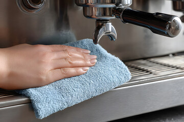 Woman cleaning stainless steel espresso machine with blue microfiber cloth in kitchen, maintaining coffee equipment hygiene