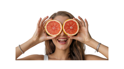 Playful Woman Covering Eyes with Grapefruit Halves
