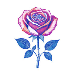 Pixelated Rose Flower with Blue Leaves Isolated on Black Background Retro Style