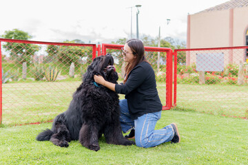 Woman enjoying a day with her large newfoundland dog