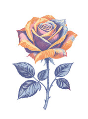 Pixelated Rose with Orange and Purple Petals on Black Background Digital Art Floral Design Isolated Decoration with Stem Leaves