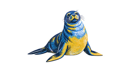 Pixelated Seal Isolated on Transparent Background Digital Art in Blue and Yellow Tones