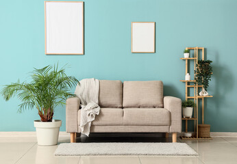 Comfortable sofa, shelving unit and houseplants in interior of living room