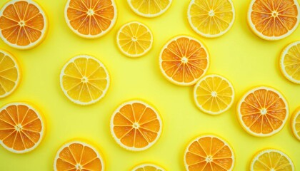 Obraz premium Vibrant lemon slices repeat on pastel yellow background Minimal summer flatlay, juicy, trendy