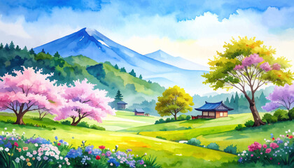 Serene mountain landscape with blooming cherry trees. Japanese pagoda and cherry blossoms. Scenic mountain view with colorful spring foliage. Traditional garden with blooming flowers and pagoda