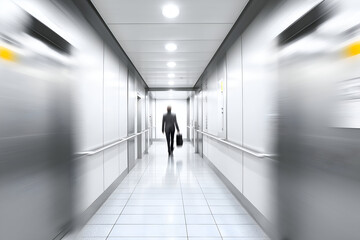 Blurred Businessman Walking in Bright Modern Hallway with Suitcase, motion blur Business concept, motion bokeh background