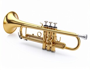 Obraz premium Shiny golden trumpet isolated on a clean white background, ready for music