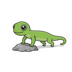 Fototapeta premium Adorable Cartoon Green Gecko on a Rock, Large Eyes, Smiling Expression