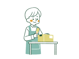 ハンディターミナルを持って仕事をしているエプロンを着用した男性