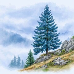 Blue Spruce on Misty Mountainside