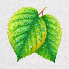 Close Up of Two Dew Covered Green Leaves on White Background
