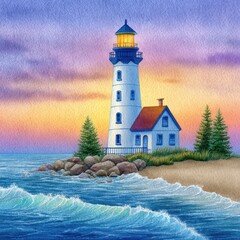 Coastal Lighthouse Sunset Painting White Structure, Blue and Purple Sky