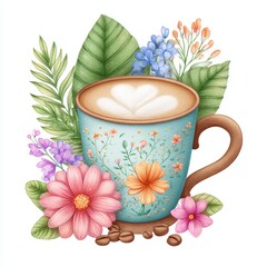 Floral Watercolor Latte Art in Teal Mug