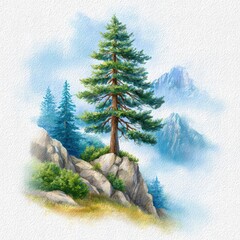 Evergreen Tree on Misty Mountaintop
