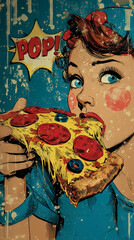 Vintage Pop Art Style Woman Eating Pepperoni Pizza – Comic Retro Illustration with Splash Effects