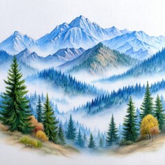 Misty Blue Mountain Landscape Painting with Evergreen Trees