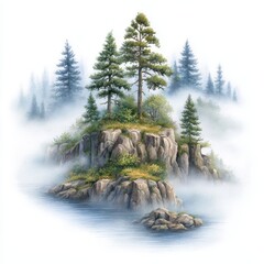 Misty Island with Pine Trees and Calm Water