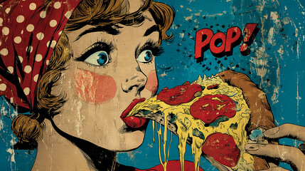 Retro Pop Art Style Woman Eating Pepperoni Pizza – Vintage Comic Illustration with Distressed Texture