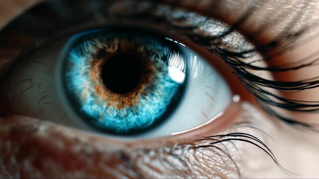 Close-up view of a futuristic eye displaying technological patterns and digital effects at twilight