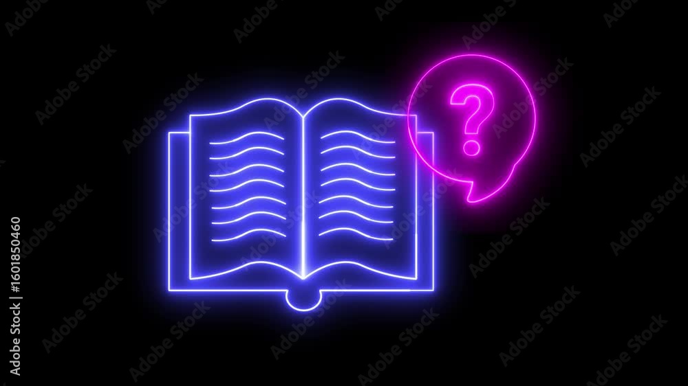 Poster neon light effect animation of an open book icon with a speech bubble and a question mark
