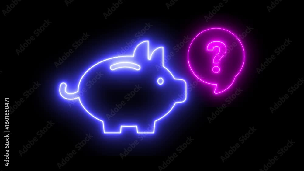 Poster neon light effect animation of a virtual piggy bank icon with a speech bubble and a question mark