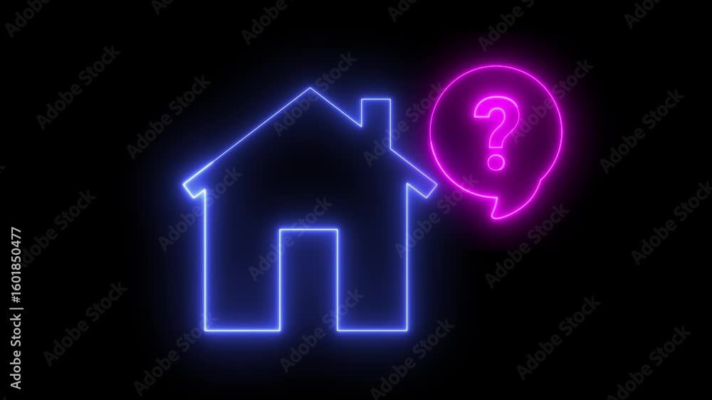 Poster neon light effect animation of a virtual house icon with a speech bubble and a question mark