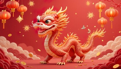 Obraz premium Cute red Chinese dragon mascot with festive background, lanterns, clouds, and gold coins. Symbol of Chinese New Year celebration.
