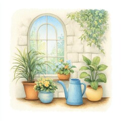 Sunlit Windowsill with Potted Plants and Blue Watering Can