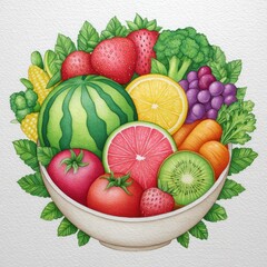 Watercolor Bowl of Fresh Fruits and Vegetables