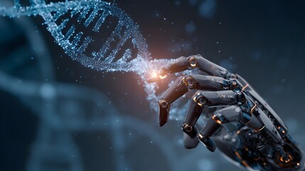 Robotic hand interacts with a DNA strand, symbolizing science and technology advancements.