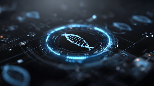 DNA strand in a futuristic interface surrounded by blue light effects and circuit patterns