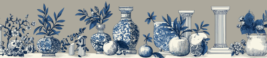 Design drawings suitable for laser engraving, featuring blue and white porcelain motifs with Greek elements in various shapes such as vases, olive branches, statues, pillars, columns, pomegranates.