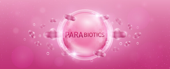 Parabiotics in transparent hexagonal dome with surrounding parabiotic bacteria red. Good bacterial flora for intestine and stomach digestive system. Supplements healthy. Banner vector.