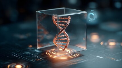 DNA strand inside a glass cube on a circuit board with futuristic glow effects and technology