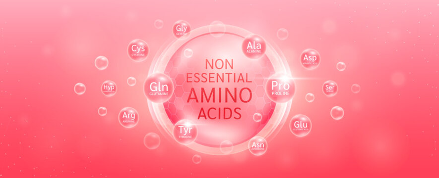 Non essential amino acids for the body. Amino acid in transparent hexagonal dome with surrounding Theanine Taurine Glutamic acid Asparagine. For ad banner design. Science medical concept. Vector.