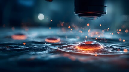 Microscopic view of cells under examination in a laboratory with a blue hue and bright sparkles
