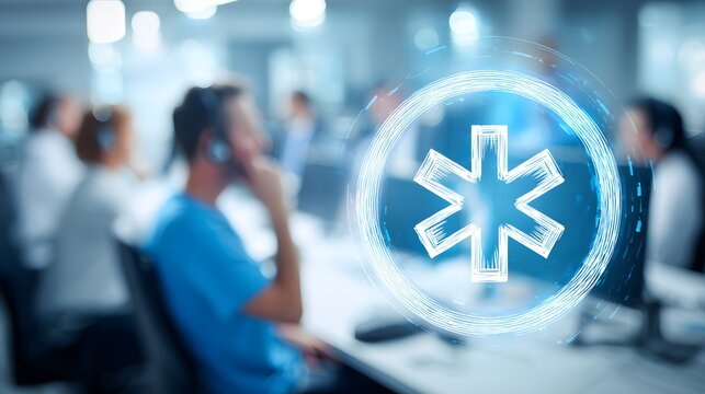 Medical support team in call center assisting customers with the Star of Life symbol overlay