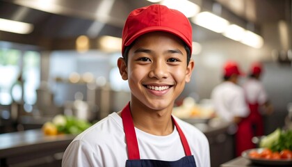 Smiling teen chef in kitchen