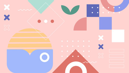 Abstract geometric pastel colored design with shapes and leaves.