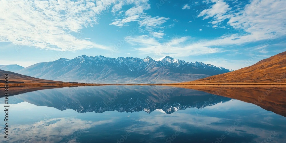 Poster a mountain range mirrored in a lake, creating an illusion of an infinite world