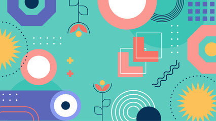 Obraz premium Abstract teal geometric design with flowers, suitable for backgrounds, prints, and web graphics. Versatile and vibrant for various design projects.