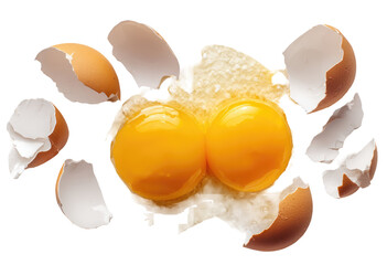 Broken egg shells surround two yolks
