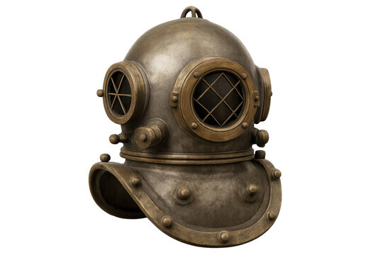 Vintage diving helmet sitting on clean surface, symbolizing nautical adventure and maritime heritage