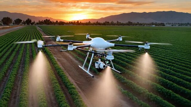 Drone in Agricultural Innovation: An innovative drone meticulously spraying crops across a verdant field, marking a stride forward in agricultural technology and promoting sustainability.