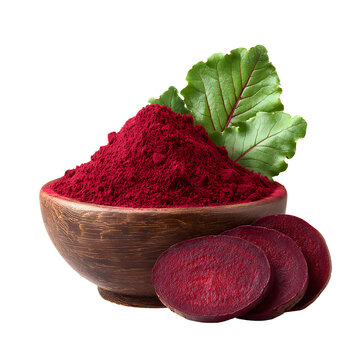 Beetroot powder in wooden bowl with fresh beet slices and green leaves isolated on transparent background