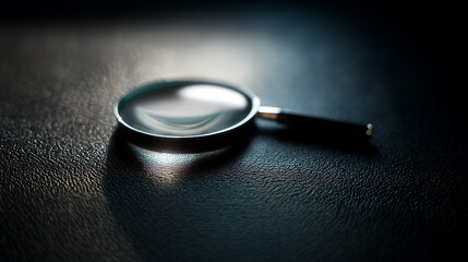 A magnifying glass resting on a textured surface with dramatic shadows and soft focus.