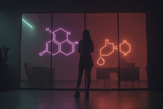 Silhouette Woman Viewing Neon Chemistry Drawings in Dark Room, motion blur Business concept, motion bokeh background