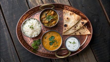 Authentic Bangladeshi and Indian Food Thali on a Rustic Copper Tray