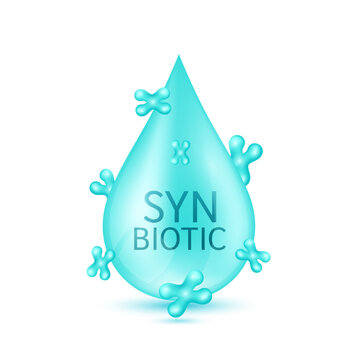 Blue water drop synbiotic on white background. Good bacterial flora for intestine and stomach. For designing dietary supplements healthy. Vector.